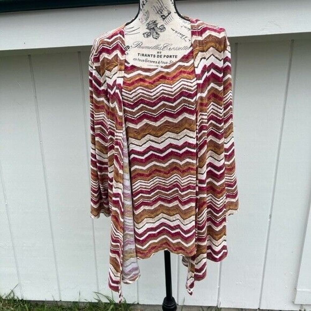 Alfred Dunner pink white and brown striped embroidered tank / cardigan blouse